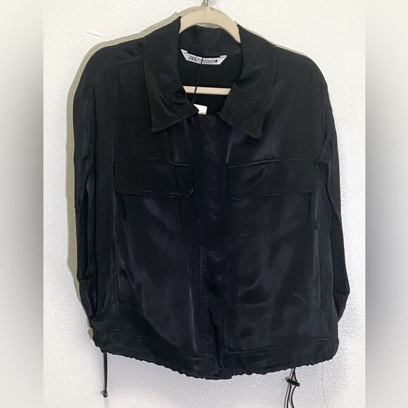 Zara - Oversized Satin Blouse Short Sleeve Shirt Cropped Drawstring - size XS-S - Picture 2 of 11